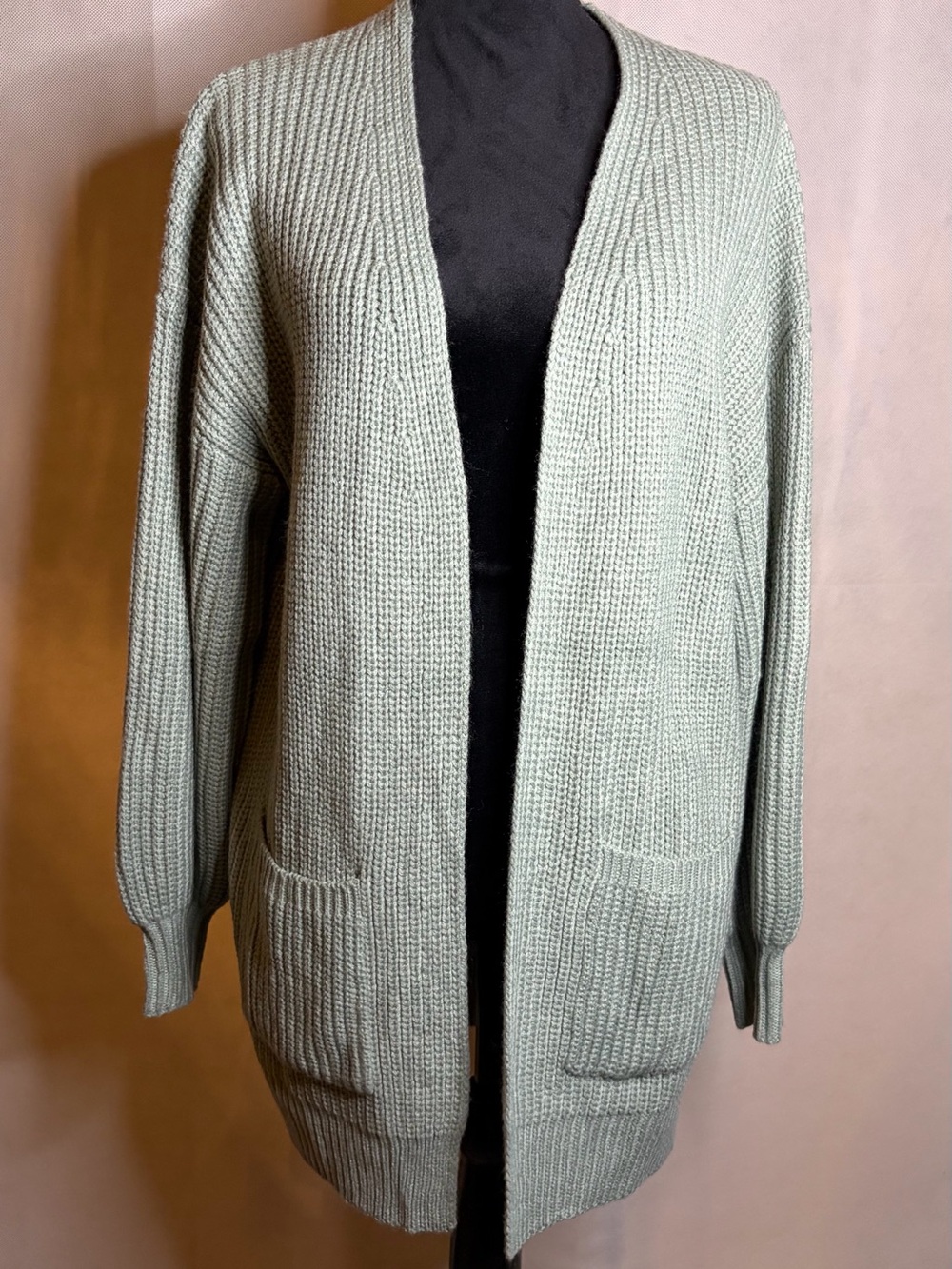 Open-Front Mint Green Women's Cardigan with Pockets